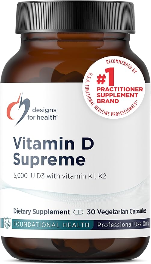 Designs for Health Vitamin D Supreme - Vitamin D 5000 IU with 2000mcg Vitamin K as MK4 for Bone Health, Heart Health & Immune Support - Vitamin D3 Enhanced with GG Supplement (30 Capsules)