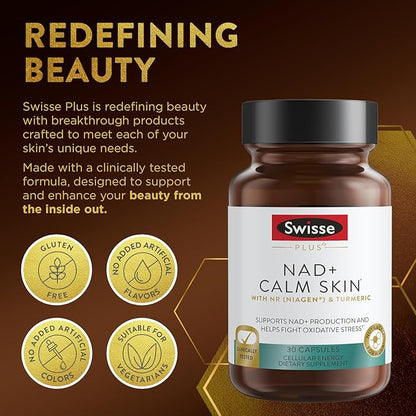 Swisse Plus NAD+ Calm Skin | Clinically Tested NAD+ Supplement | Supports Balanced, Healthy Skin | Anti-Aging Supplement for Women & Men | 30 Capsules