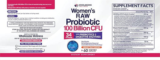 Wholesome Wellness Dr. Formulated Raw Probiotics for Women 100 Billion CFUs Capsules with Prebiotics, Digestive Enzymes, Approved for Adults, Shelf Stable Supplement