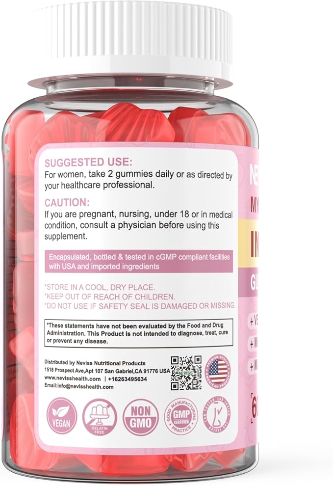 Myo-Inositol & D-Chiro Inositol Gummies for Women 2000mg + 50mg, 40:1 Ratio Inositol with Vegan Omega-3 + D3, Magnesium Glycinate, Methyl Folate + B12 for Female Health & Wellness, Sugar Free, 120 Cts