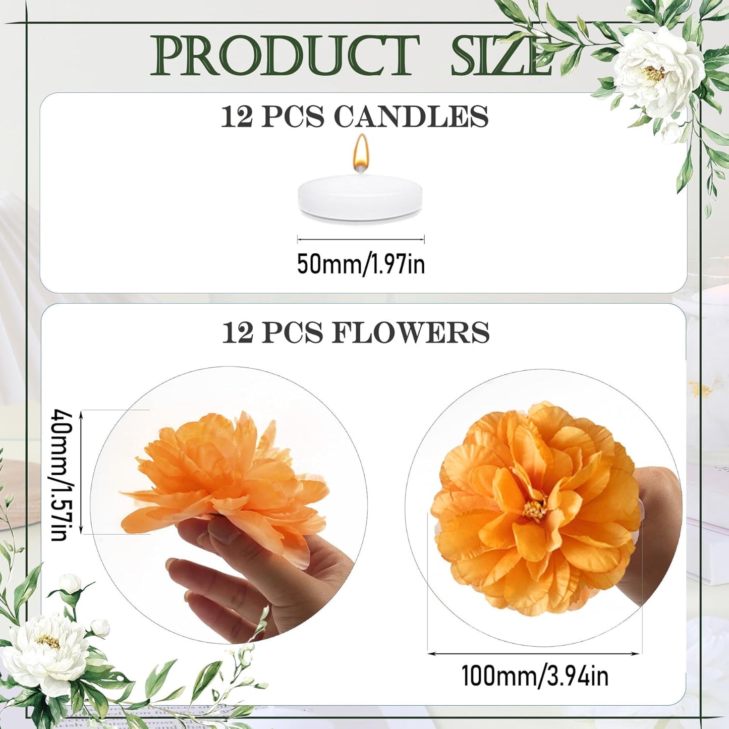 24 Pcs Floating Candles for Centerpieces and Floating Flowers Vase Fillers for Centerpieces Orange Artificial Flowers for Wedding Table Party Home Decoration