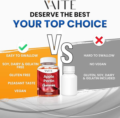Apple Pectin Gummies - High-Fiber Supplement with 2000mg Natural Cholesterol Lower Support, Promotes Digestive Wellness & Stomach Comfort, Non-GMO & Gluten Free Herbal Supplements - 60 Vegan Gummy