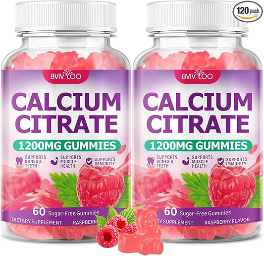 2 Packs High Absorption Calcium Citrate Gummies 1200mg - Bone & Teeth Support for Adults & Kids, Vegan, Non-GMO, Sugar-Free Gummies, Raspberry Flavor, 120 Count