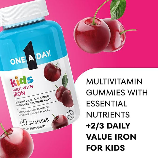 One A Day Kids Multivitamin with Iron Gummy, Vitamin D, Vitamin C, E, Zinc for Immune Support, Gummy Vitamins, Kids Multivitamin Gummies with Iron, Cherry Flavor, 60 Count (Packaging May Vary)