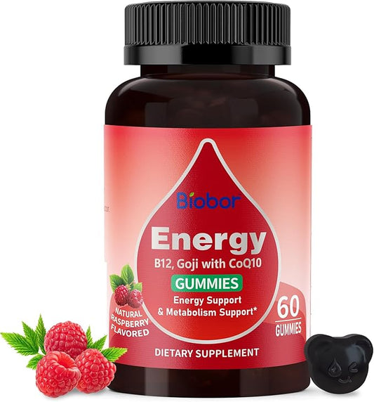 Natural Energy Gummies with Vitamin B12, Goji, CoQ10, Energy Support & Metabolism Support Chewable Supplement,GMO Free, Gluten Free (Raspberry, 60 Count)