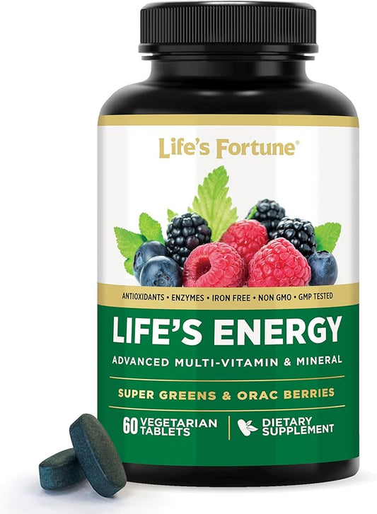 Life's Energy Advanced Daily Multivitamin for Men & Women, Energy and Immune Support Supplement with Super Greens, Antioxidants, Enzymes - Iron Free, Vegetarian, 60 Tablets by Life's Fortune