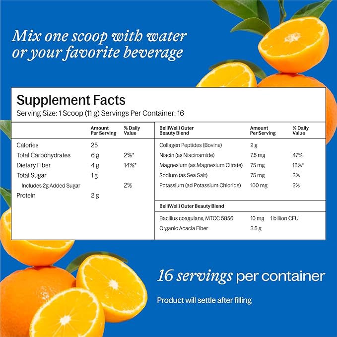 BelliWelli Fiber Supplement for Women & Men – Premium Daily Fiber Powder from Organic Acacia with Added Collagen, Electrolytes & Probiotics – No Bloat, Constipation & Gut Health Support (Orange Yuzu)