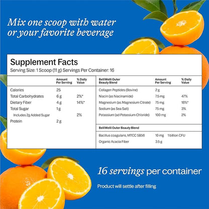 BelliWelli Fiber Supplement for Women & Men – Premium Daily Fiber Powder from Organic Acacia with Added Collagen, Electrolytes & Probiotics – No Bloat, Constipation & Gut Health Support (Orange Yuzu)
