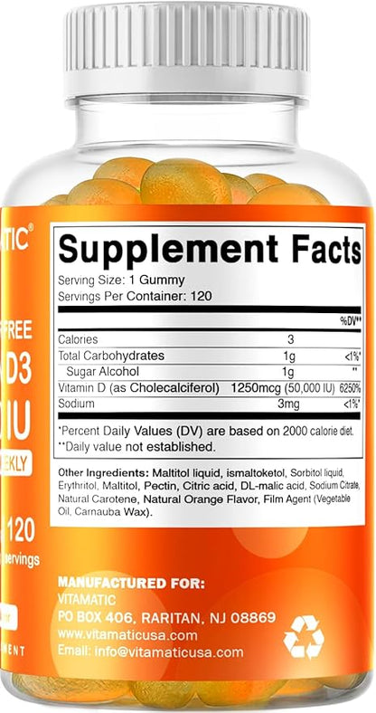 Vitamatic Sugar Free Vitamin D3 50,000 IU Weekly Supplement - 120 Pectin Based Gummies - Vitamin D Capsules for Bones, Teeth, and Immune Support (50000 IU) - 2 Pack