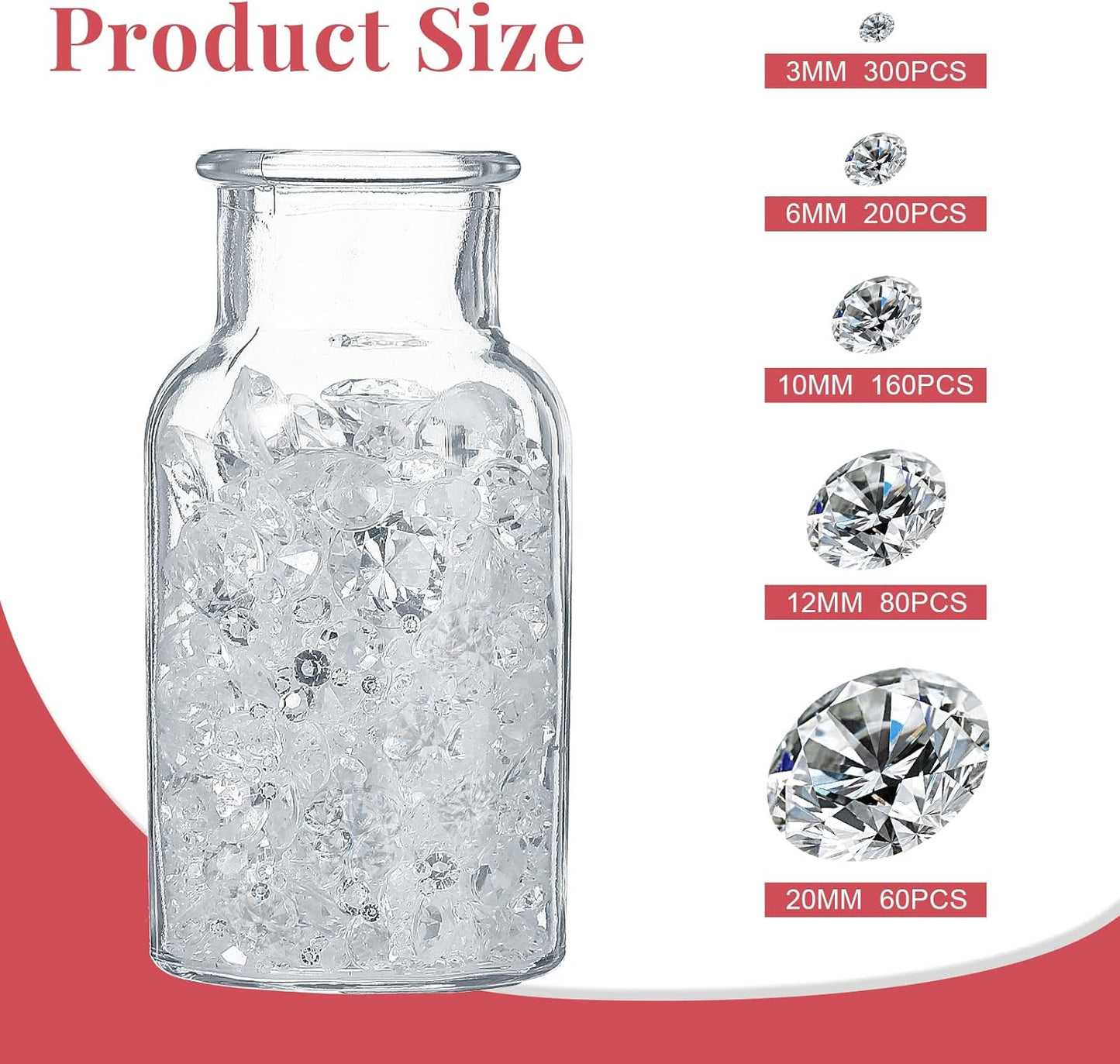 Hicarer 800 Pieces Diamond Decorations Acrylic Diamond Table Scatter Crystals for Table for Vase Fillers Party Decorations (20, 12, 10, 6, 3mm,Clear)