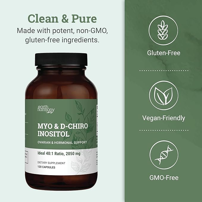 Earth Harmony Myo-Inositol & D-Chiro Inositol Supplement for Women, Ovarian & Hormone Balance for Women - Supports Normal Cycles, Fertility Supplement (60 Capsules)