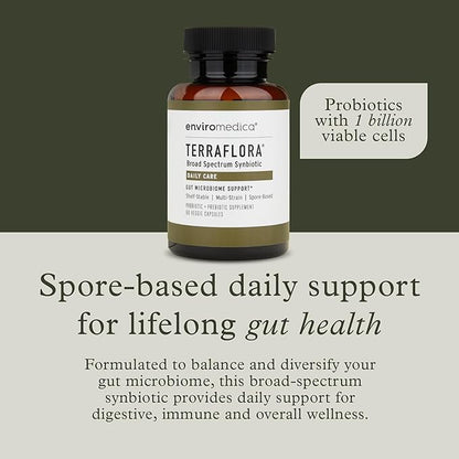 Terraflora Daily Care synbiotic of probiotics and prebiotics for Women and Men 60 ct, Soil Based, Shelf Stable, allergen Friendly Spore Based Supplement Capsules Promote Gut Health by Enviromedica