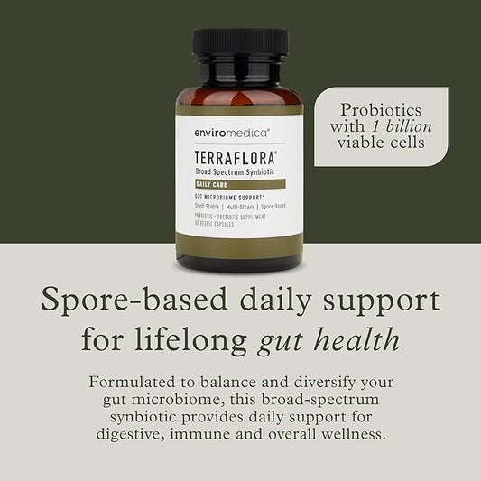 Terraflora Daily Care synbiotic of probiotics and prebiotics for Women and Men 60 ct, Soil Based, Shelf Stable, allergen Friendly Spore Based Supplement Capsules Promote Gut Health by Enviromedica