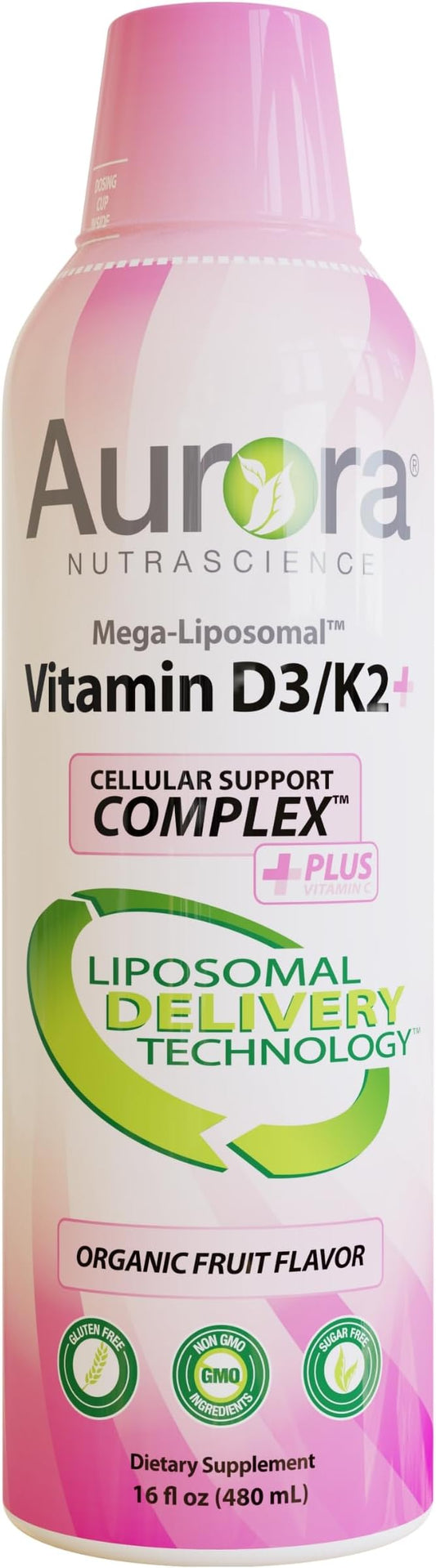 Aurora Nutrascience Mega-Liposomal Vitamin D3/K2+ with Vitamin C for Cognitive Health, Organic, Gluten Free, Non GMO, Strawberry Flavor, 32 Servings 16 fl oz