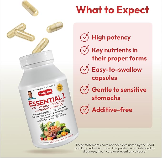 ANDREW LESSMAN Essential-1 Multivitamin 1000 IU Vitamin D3 180 Small Capsules - 100 mcg Methyl B12. CoQ10 Lutein Lycopene Zeaxanthin. High Potency. No Additives. Ultra-Mild. One Daily Capsule