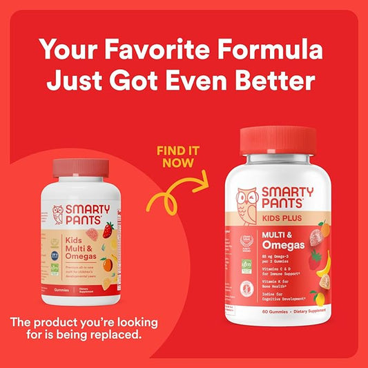 SmartyPants Kids Multivitamin Gummies: Omega 3 Fish Oil (EPA/DHA), Vitamin D3, C, Vitamin B12, B6, A, K & Zinc for Immune Support, Biotin, Gluten Free, Three Fruit Flavors, 90 Count (22 Day Supply)