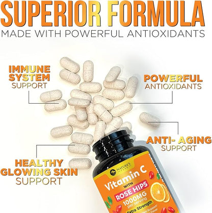 Vitamin C 1000mg Chewable Supplement - Extra Strength Immune Support Vitamin C Dietary Supplement with Rose HIPS, Nature's VitaminC Antioxidant Support, Natural, Vegan, Orange Flavor - 120 Tablets