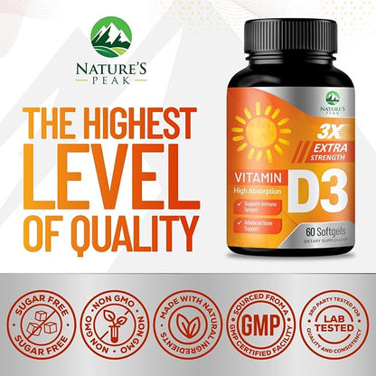 Vitamin D3 5000 IU Softgels (125 mcg) - Extra Strength Vitamins D-3 Dietary Supplement for Bone, Teeth, Muscle Health & Immune Support, Rapid Absorbtion Mini D Softgel, Non-GMO, Gluten Free - 60 Count