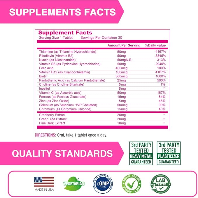 Lovita High Potent Vitamin B Complex for Women, Timed Release, All B Vitamins with Iron, Vitamin C, Cranberry, Pine Bark, Green Tea for Energy, 30 Vegetarian Tablets (Pack of 3)