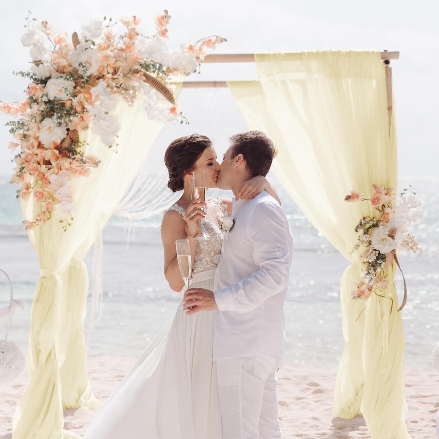 VOK Wedding Arch Draping Fabric Chiffon Fabric, 29in x 18Ft Sheer Chiffon Outdoor Curtain for Wedding Ceremony Birthday Party Decoration (Light Yellow,1 Panel)