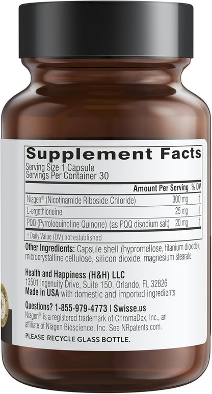 Swisse NAD+ Pro Anti-Aging | Featuring Clinically Proven 300mg Niagen® | L-Ergothioneine & PQQ | Supports Beauty, Longevity & Vitality | 30 Capsules