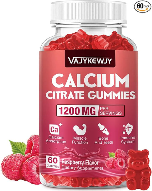 Calcium Citrate Gummies 1200mg for Adults & Kids - Bone & Teeth Support, Easy Absorption, Delicious Raspberry Flavor - Non-GMO, Gluten Free, Vegan - 60 Count