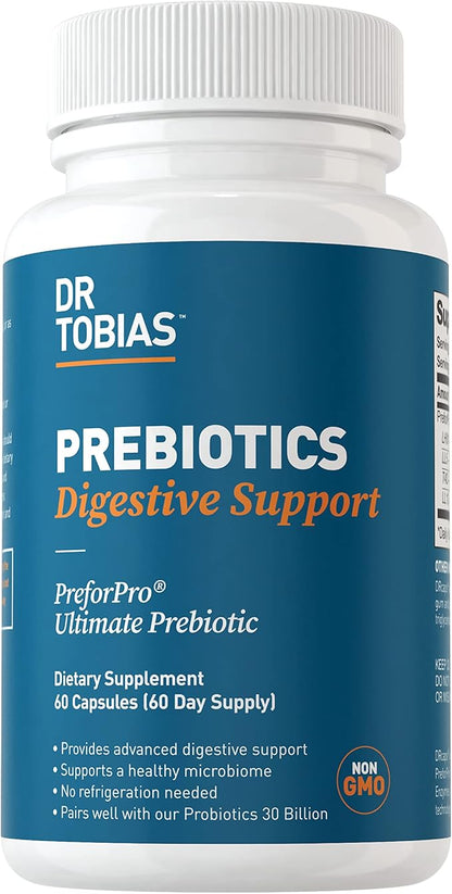 Dr. Tobias Prebiotics Digestive Support, Advanced Prebiotic Supplement for Gut Health, Immune Function & Boost for Probiotics for Women & Men, Vegan, Non-GMO, 60 Capsules, 60 Servings