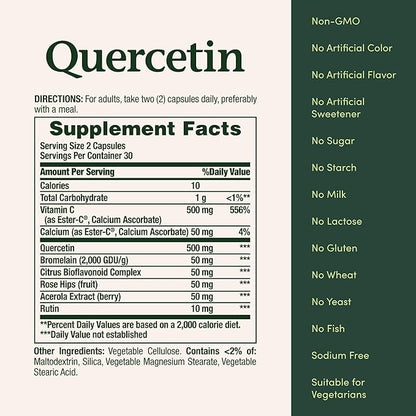 Nature's Bounty Quercetin, Immune Support, 500mg, with Vitamin C, Rose HIPS, & Rutin, 60 Count