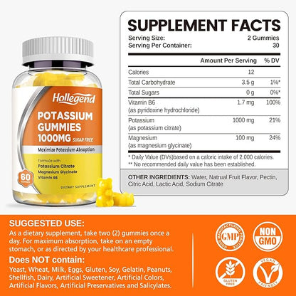 Potassium Gummies 1000mg, Maximize Potassium Absoption Blend with Vitamin B6 Magnesium, Potassium Citrate Supplement for Adults, Sugar Free, 60 Count