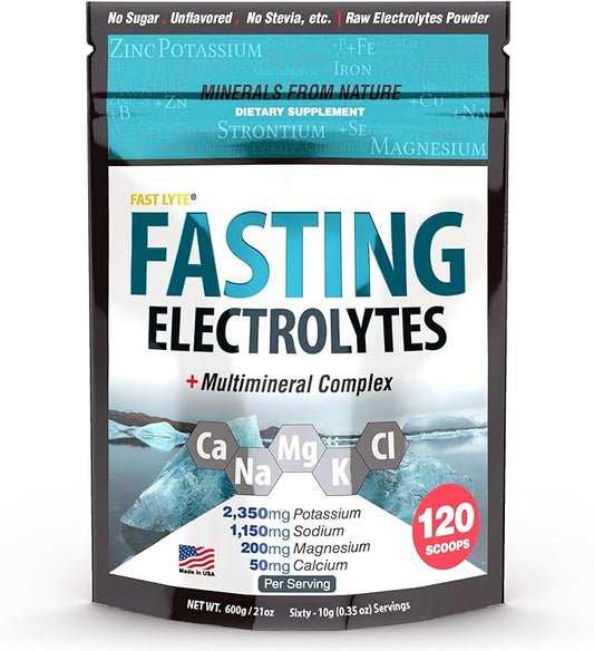 Fasting Electrolyte Supplement Powder | No Sugar Unflavored Raw Electrolytes | 100% RDA Magnesium and Potassium with Trace Minerals | Carnivore & Keto Friendly | Sugar Free Fasting Salts