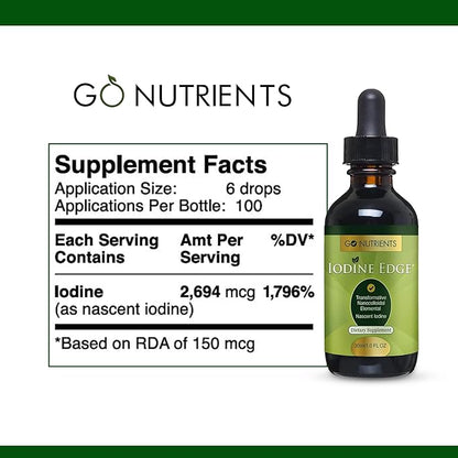 Go Nutrients Iodine Edge – Organic Nascent Iodine Liquid Supplement for Thyroid Support, Energy, Immune & Cognitive Health – High Absorption Drops - Natural Tincture for Women & Men – 1 oz
