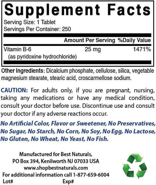 Best Naturals Vitamin B6 25mg 250 Tablets (250 Count (Pack of 2))