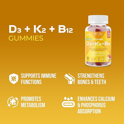 Vegan D3 + K2 + B12 Sugar-Free & Sugar-Alcohol-Free Keto 2000IU Vitamin D Gummy Supplement for Healthy Bones, Immune Function, Healthy Metabolism, Lemon Dragon Fruit Flavor (50 Gummies)