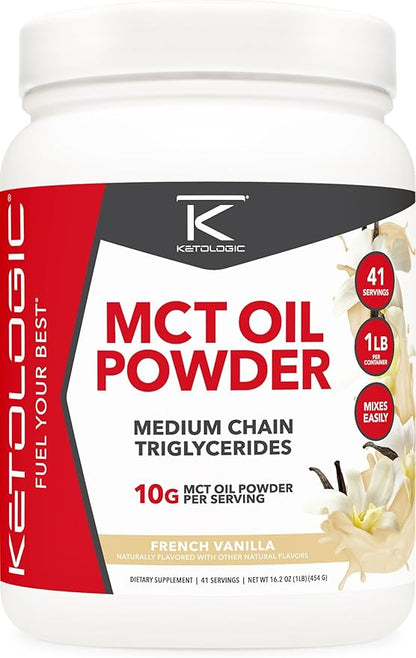 Ketologic MCT Oil Powder French Vanilla (1 LB) – Keto Coffee Creamer & Energy Support – 41 Servings of Medium Chain Triglycerides for Focus & Fuel