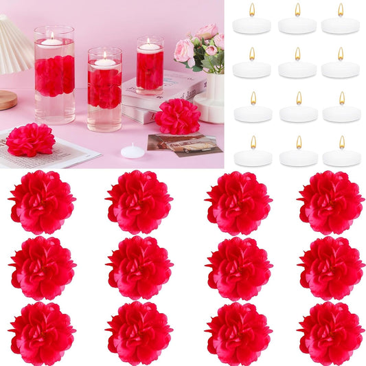 24 Pcs Floating Candles for Centerpieces and Floating Flowers Vase Fillers for Centerpieces Rose Red Artificial Flowers for Wedding Table Party Home Decoration