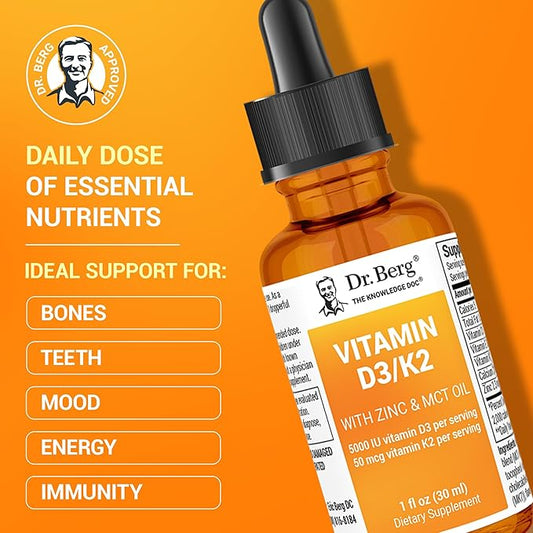 Dr. Berg Liquid Vitamin D3 & K2 Supplement with Zinc - for Bone, Teeth, Mood & Immune Health* - Vitamin D3 & K2 Drops for Adults - 1 fl oz