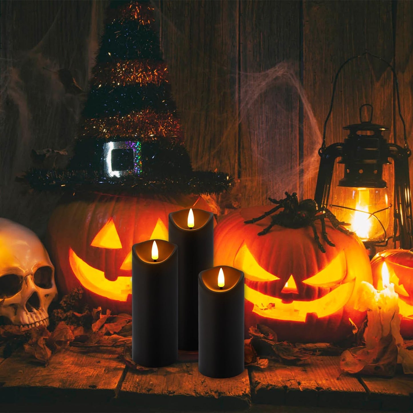 24-Pack Black Flameless LED Candles with Remote & Timer (3 Sizes) - Battery Operated Halloween Pillar Candles for Spooky Decor, Haunted House, Gothic Wedding, Holiday Centerpieces