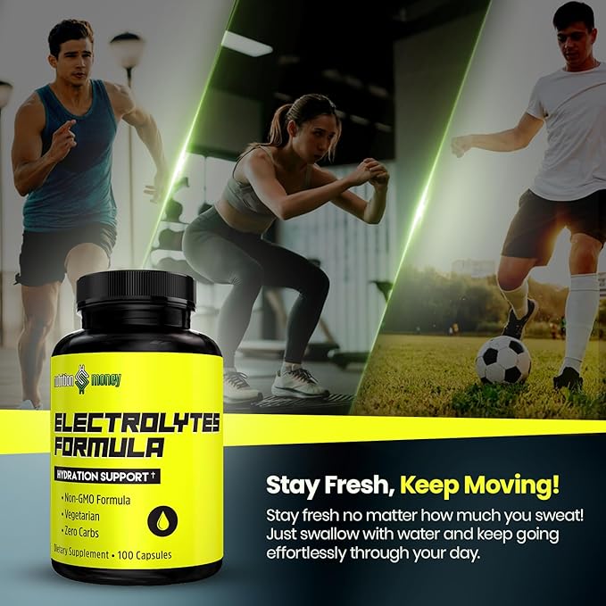 NutritionMoney Electrolyte Premium Hydration Supplement – Sugar Free, Zero Carbs, Non-GMO, Zero Calories, Keto-Friendly, Supports Carnivore Diet, Optimal Rehydration Electrolytes Capsules - 100 Count