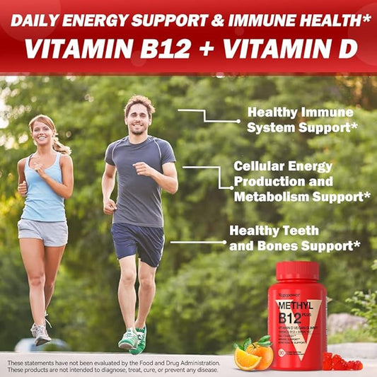 Vegan Vitamin B12 Gummies with Vitamin D - 90 Count I 1000 MCG Methyl B12 & 5000 IU D3 Gummy Chewable Supplements for Adults & Kids - Supports Immune Health & Daily Energy Boost - Non-GMO, Orange