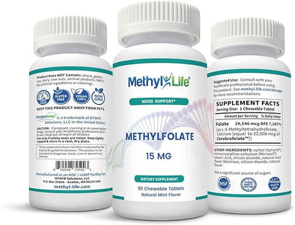 L-Methylfolate 15mg – L Methyl folate Supplement for Women & Men, Premium Cerebrofolate Formula (5-MTHF) – High Bioavailability Active Folate | 90 chewable Tablets 3 Months Supply Non-GMO, Gluten-Free