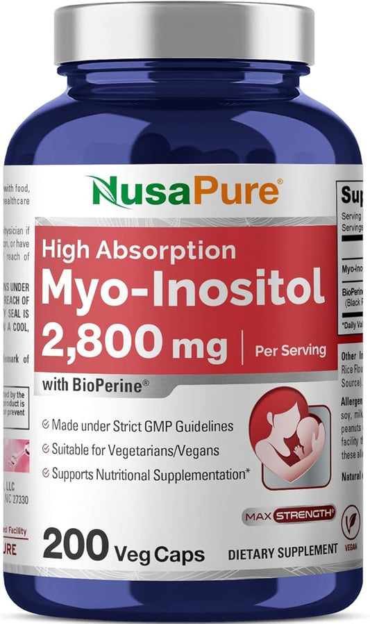 NusaPure Myo-Inositol 2800mg, 200 Capsules, Extra Strength Supplement, Non-GMO