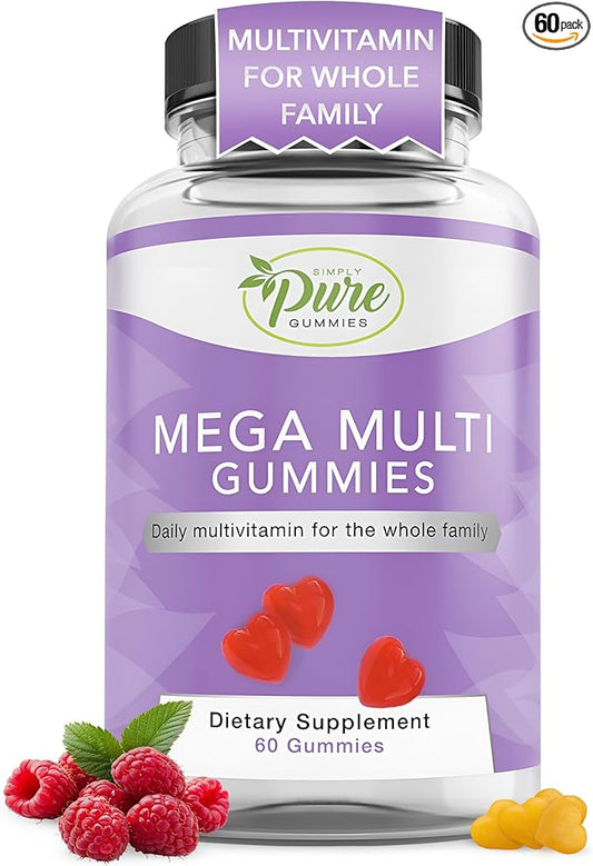 Pure By Nature Mega Multi Gummies, Multivitamin Gummies for Women & Men, Kids Multivitamin Gummies with A, D2, C, E, K, Biotin, Folic Acid, Natural Flavored, 60 Count
