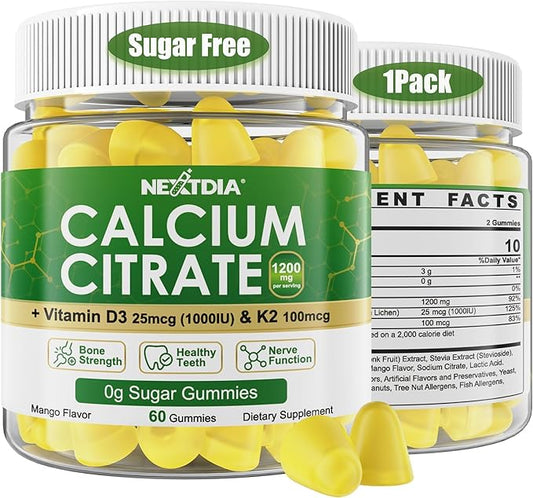 Calcium Citrate Gummies 1200mg with Vitamin D3 K2, Chewable Calcium Supplements for Women & Men, High Potency Support B0ne, Te*th, Strength & Immune Health, Mango Flavor, Non-GMO, Sugar Free, 60 Cts