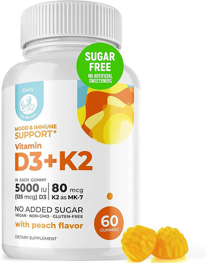 DR. MORITZ Vitamin D3 Gummies (5000 IU) with K2 - for Adults and Kids - Vitamin D3 K2 Gummies for Immune Support & Bone Health - Vegan, Sugar Free, Gluten Free (60 Count)