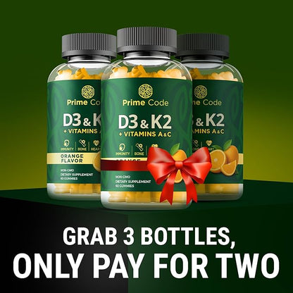 Vitamin D3 K2 with Vitamins A & C Gummies | Vitamin D3 K2 | Vitamin A & C | Vitamin CD | Vitamin ADK | D3K2 | Bone & Heart Health Support | D3 and K2 Gummies | High Absorption | Non-GMO | Gluten-Free