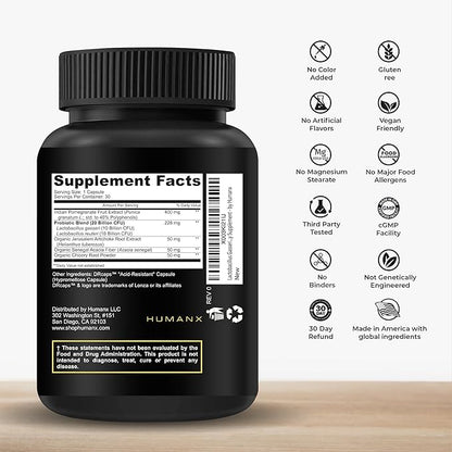 HUMANX Lactobacillus Gasseri & Reuteri+ 20 Billion CFU Plus Organic Prebiotics and Punicaligans - Probiotic Supplements - USA Made - Non-GMO - Performance Driven Delayed Release Capsule