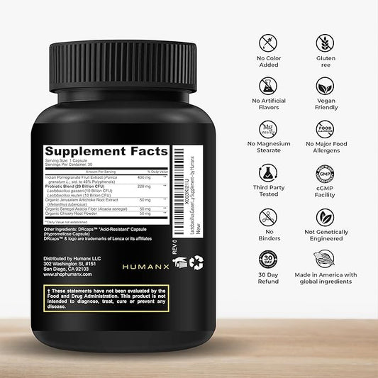 HUMANX Lactobacillus Gasseri & Reuteri+ 20 Billion CFU Plus Organic Prebiotics and Punicaligans - Probiotic Supplements - USA Made - Non-GMO - Performance Driven Delayed Release Capsule