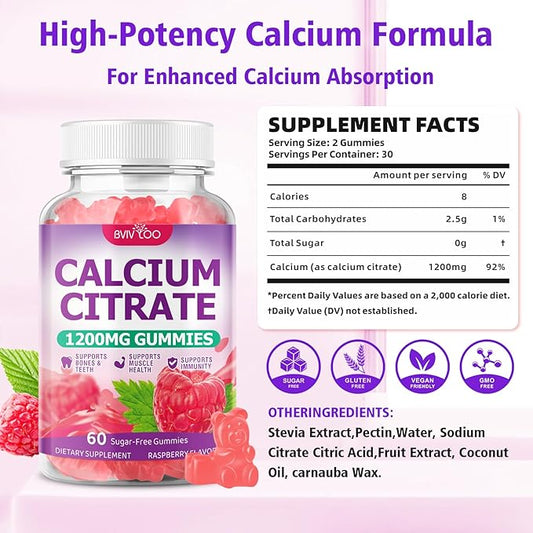 2 Packs High Absorption Calcium Citrate Gummies 1200mg - Bone & Teeth Support for Adults & Kids, Vegan, Non-GMO, Sugar-Free Gummies, Raspberry Flavor, 120 Count
