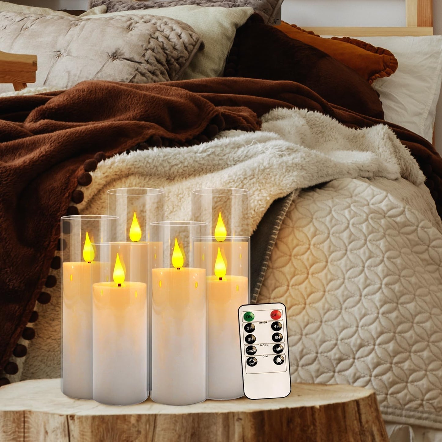 Set of 24 Flickering Flameless Candles Battery Operated with Remote and 2/4/6/8 H Timer Plexiglass Led Pillar Candles with Realistic Moving Wick Candles for Home Decor (D2.2"xH 5"6"7")(White)