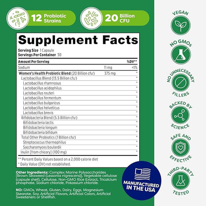 Probulin Womens Probiotic - Vaginal, UT, Gut & Immune Health with Lactobacillus Reuteri - 20 Billion CFU, 12 Probiotic Strains & Prebiotics - 30 Vegan, Gluten Free Capsules for Whole-Body Wellness
